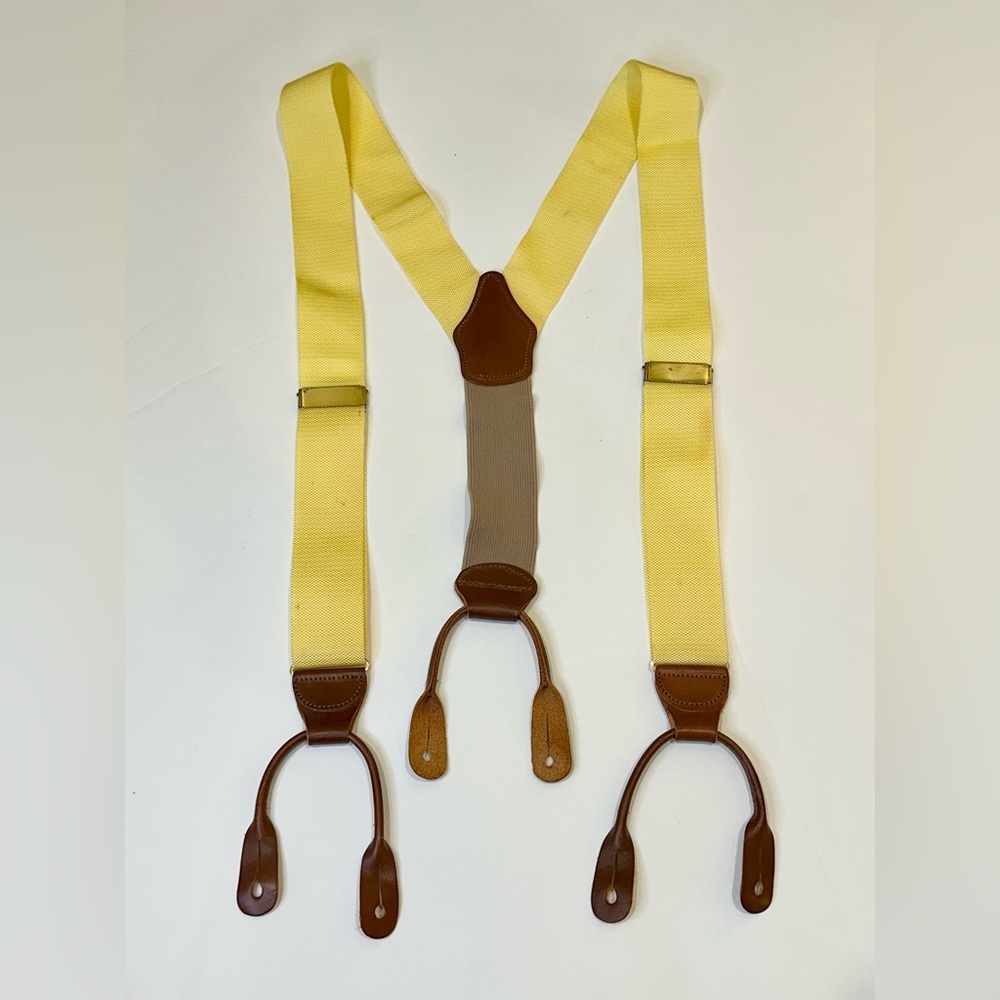🌟2xHP🌟VTG 1980s-90s Dooney & Bourke Yellow Silk Leather Suspenders Braces Button - Picture 1 of 9
